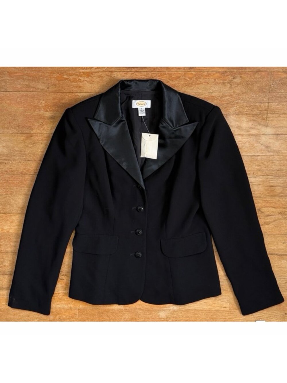 Vintage Black Satin Collar Blazer Size XS/Small (6) Rhinestone Button 90s Jacket